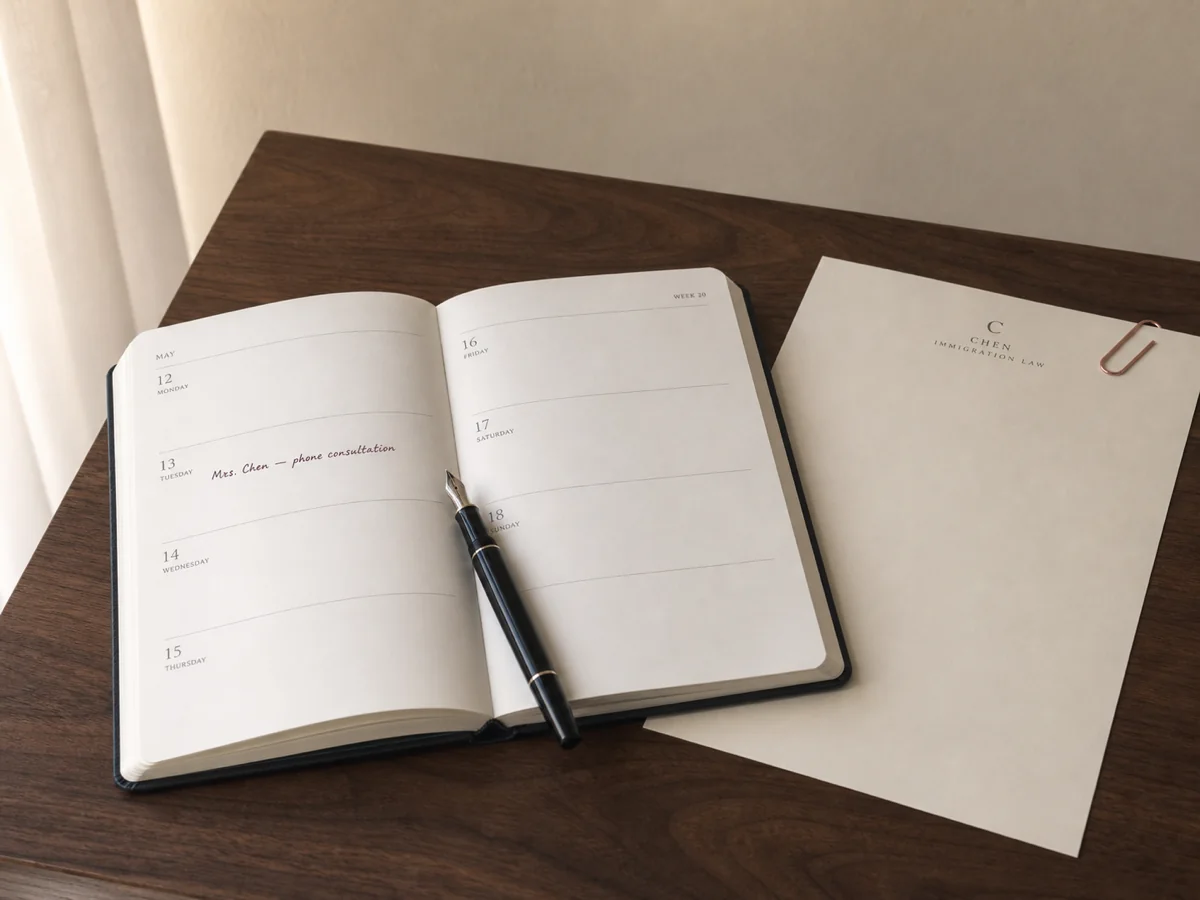 An open week-view diary with a single appointment annotated in aubergine ink