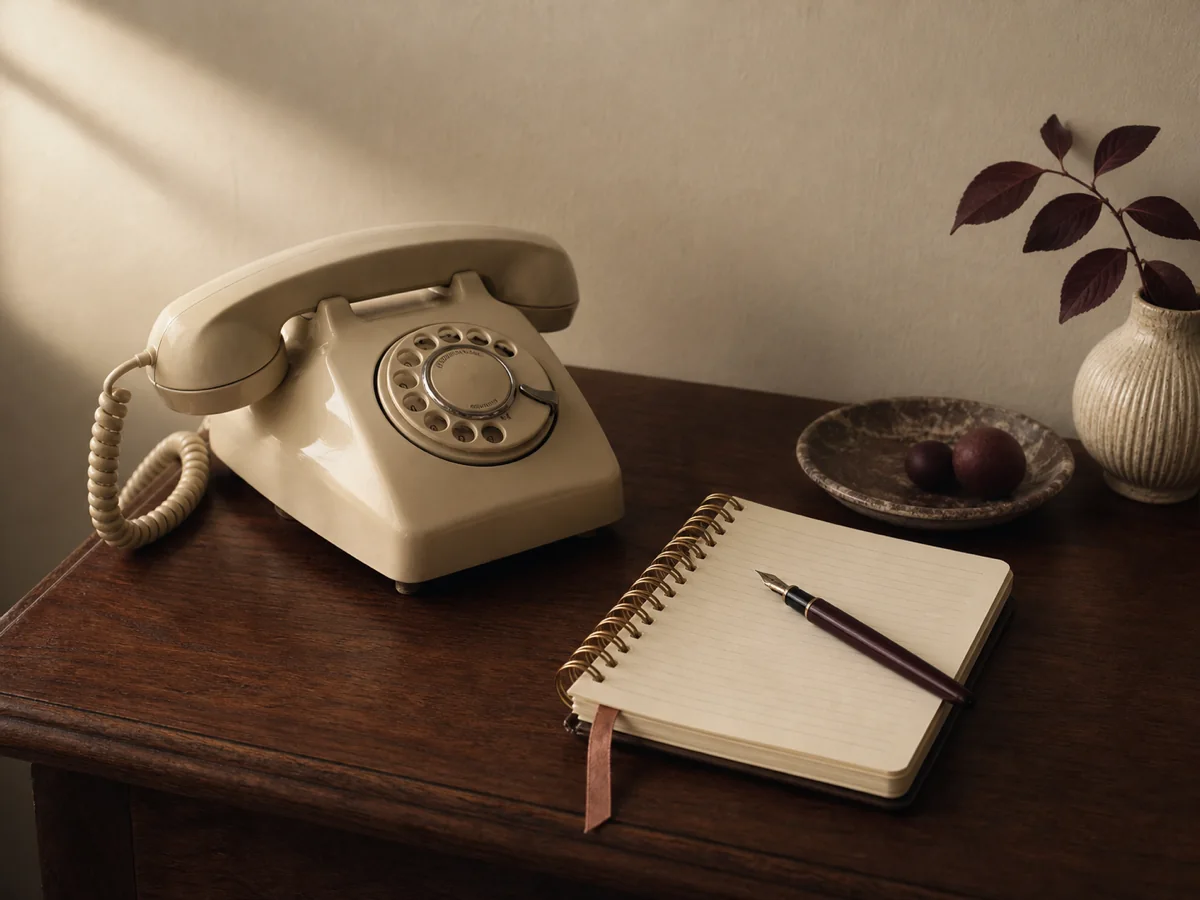 A cream Bakelite rotary telephone beside a spiral-bound notebook and fountain pen