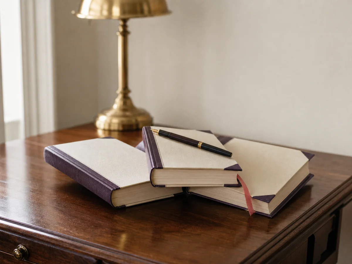 Three legal reference books fanned on a walnut desk with a fountain pen and pink-rust bookmark